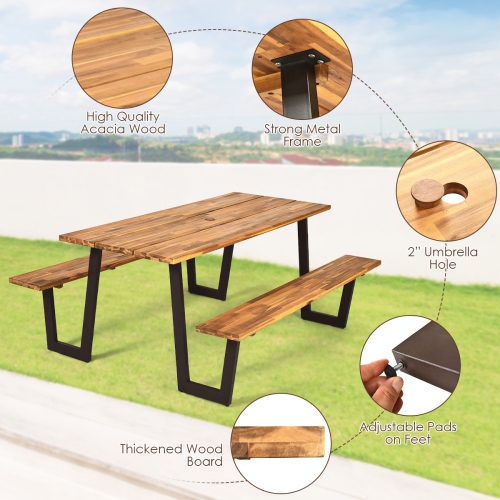 Costway Patented Picnic Table with 2 Benches 70'' Dining Table Set with Seats and Umbrella Hole