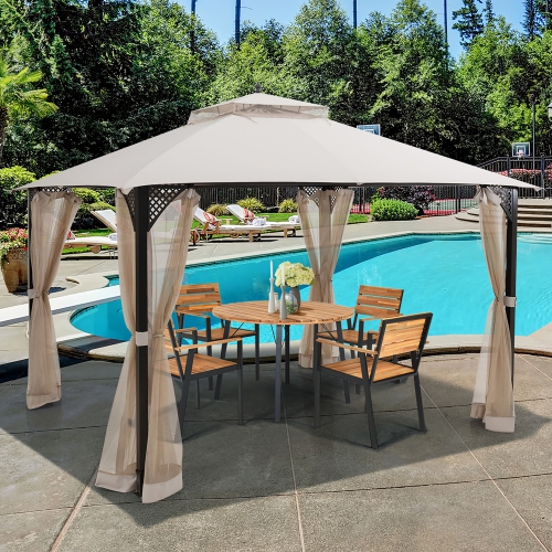 COSTWAY  12' X 10' Outdoor Patio Gazebo Canopy Shelter Double Top Sidewalls Netting