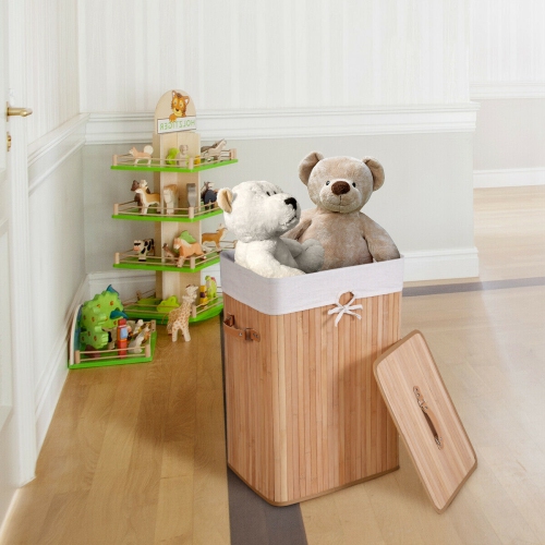 Costway Rectangle Bamboo Hamper Laundry Basket Washing Cloth Bin Storage Bag Lid Natural