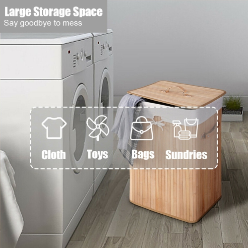 Costway Rectangle Bamboo Hamper Laundry Basket Washing Cloth Bin Storage Bag Lid Natural