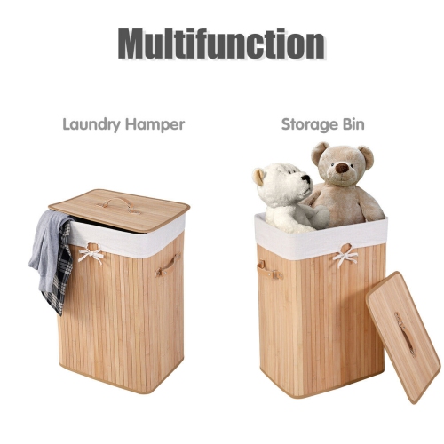 Costway Rectangle Bamboo Hamper Laundry Basket Washing Cloth Bin Storage Bag Lid Natural