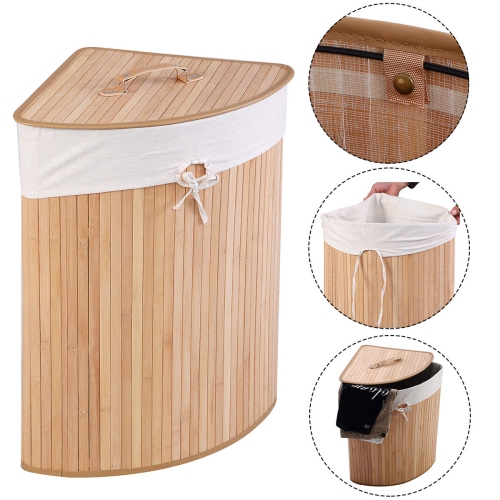 Costway Corner Bamboo Hamper Laundry Basket Washing Cloth Bin Storage Bag Lid Natural