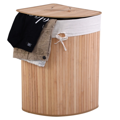 Costway Corner Bamboo Hamper Laundry Basket Washing Cloth Bin Storage Bag Lid Natural