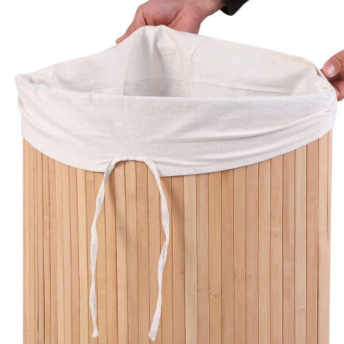 Costway Corner Bamboo Hamper Laundry Basket Washing Cloth Bin Storage Bag Lid Natural