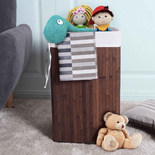 Costway Corner Bamboo Hamper Laundry Basket Washing Cloth Bin Storage Bag Lid Brown