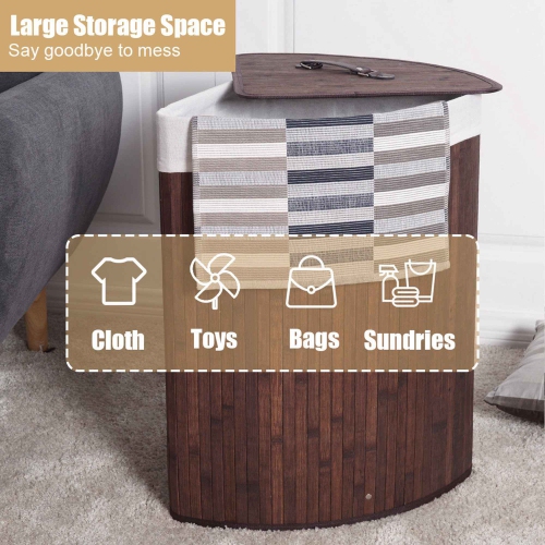 Costway Corner Bamboo Hamper Laundry Basket Washing Cloth Bin Storage Bag Lid Brown