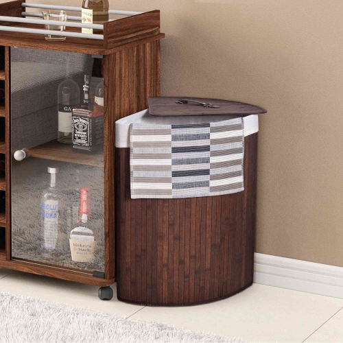 Costway Corner Bamboo Hamper Laundry Basket Washing Cloth Bin Storage Bag Lid Brown