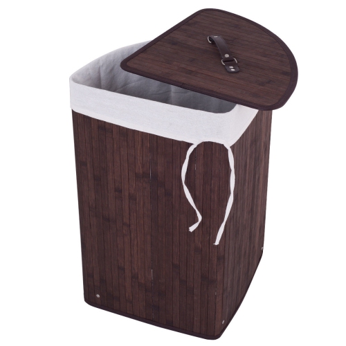 Costway Corner Bamboo Hamper Laundry Basket Washing Cloth Bin Storage Bag Lid Brown