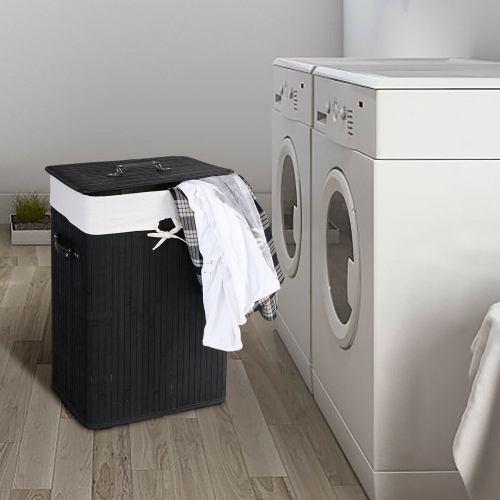Costway Rectangle Bamboo Hamper Laundry Basket Washing Cloth Bin Rangier Lid Black