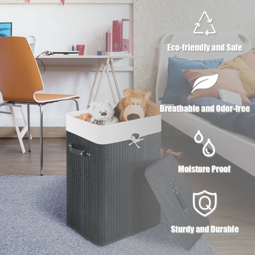 Costway Rectangle Bamboo Hamper Laundry Basket Washing Cloth Bin Rangier Lid Black