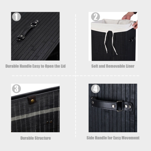 Costway Rectangle Bamboo Hamper Laundry Basket Washing Cloth Bin Rangier Lid Black