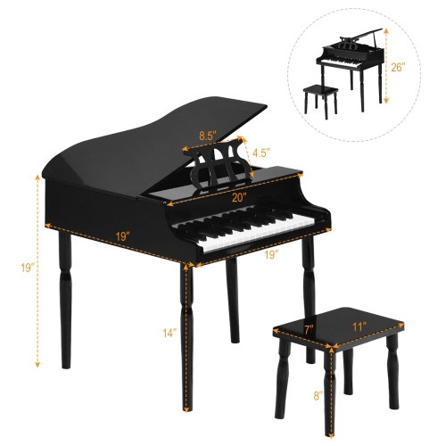 Piano Classique de Marque Costway en Bois à 30 touches avec banc et support à musique Noir