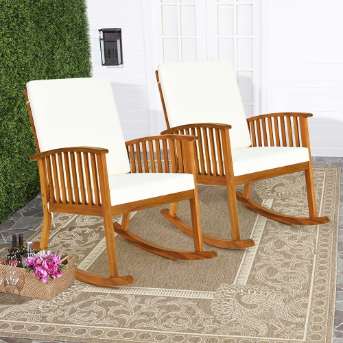 Costway 2PC Acacia Wood Rocking Chair Garden Lawn W/ Cushion