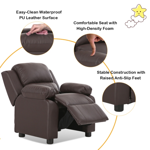 Costway Deluxe Padded Kids Sofa Armchair Recliner Headrest Children w/ Storage Arm Brown
