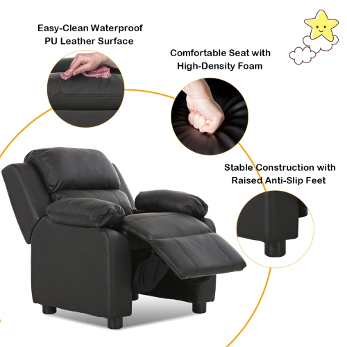 Costway Deluxe Padded Kids Sofa Armchair Recliner Headrest Children w/ Storage Arm Black