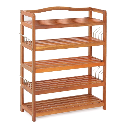 COSTWAY  5-Tier Wood Shoe Rack Solid Acacia Wood Shoe Shelf With Side Metal Hooks