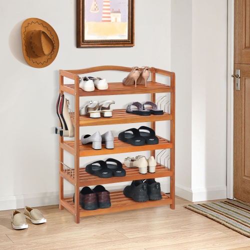 Costway 5-Tier Wood Shoe Rack Solid Acacia Wood Shoe Shelf with Side Metal Hooks