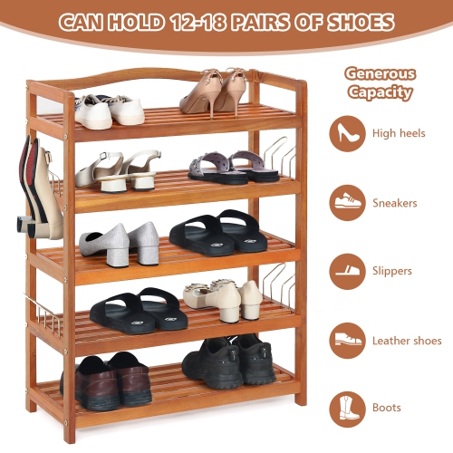 Costway 5-Tier Wood Shoe Rack Solid Acacia Wood Shoe Shelf with Side Metal Hooks