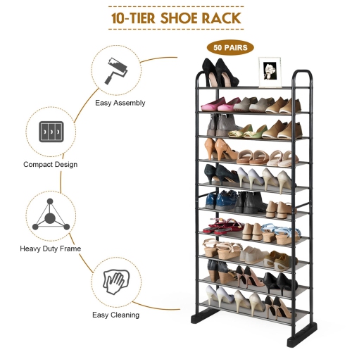 Costway 10-Tier Shoe Rack Space-saving Shoe Organizer W/Metal Frame Tower