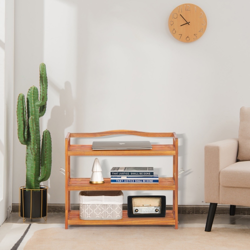 Costway 3-Tier Wood Shoe Rack Solid Acacia Wood Shoe Shelf with Side Metal Hooks