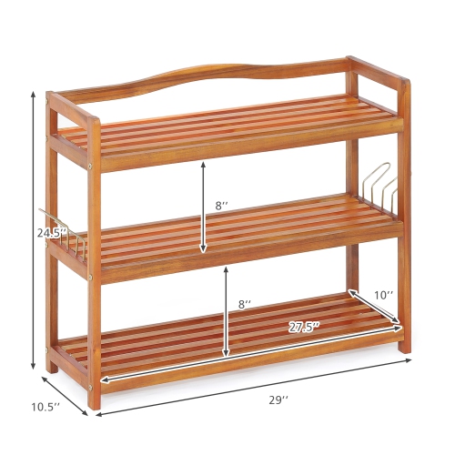 Costway 3-Tier Wood Shoe Rack Solid Acacia Wood Shoe Shelf with Side Metal Hooks