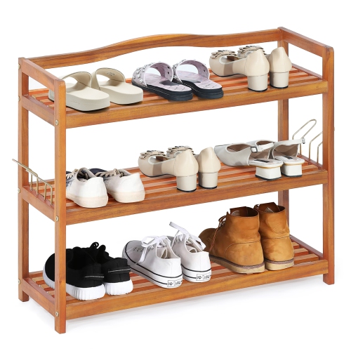 Costway 3-Tier Wood Shoe Rack Solid Acacia Wood Shoe Shelf with Side Metal Hooks