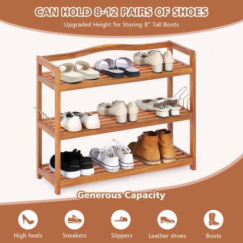 Costway 3-Tier Wood Shoe Rack Solid Acacia Wood Shoe Shelf with Side Metal Hooks