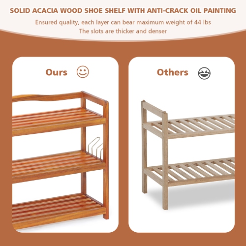 Costway 3-Tier Wood Shoe Rack Solid Acacia Wood Shoe Shelf with Side Metal Hooks