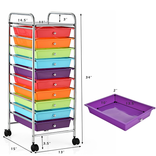 Costway – Organisateur d’école de bureau à 10 tiroirs et chariot de rangement sur roulettes, multicolore