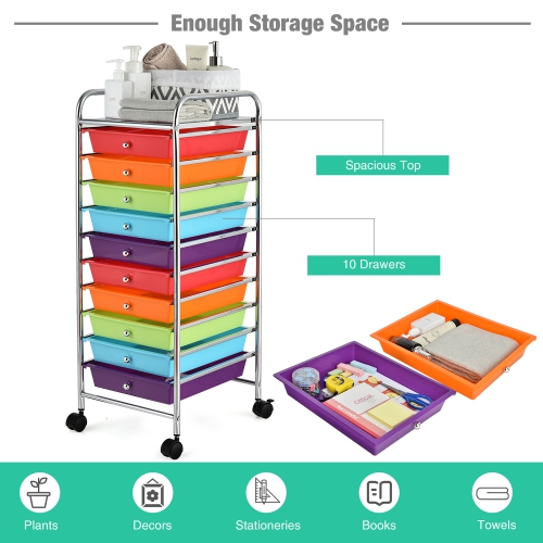Costway – Organisateur d’école de bureau à 10 tiroirs et chariot de rangement sur roulettes, multicolore