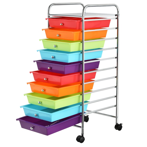 Costway – Organisateur d’école de bureau à 10 tiroirs et chariot de rangement sur roulettes, multicolore