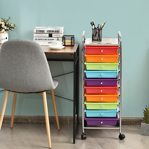 Costway – Organisateur d’école de bureau à 10 tiroirs et chariot de rangement sur roulettes, multicolore