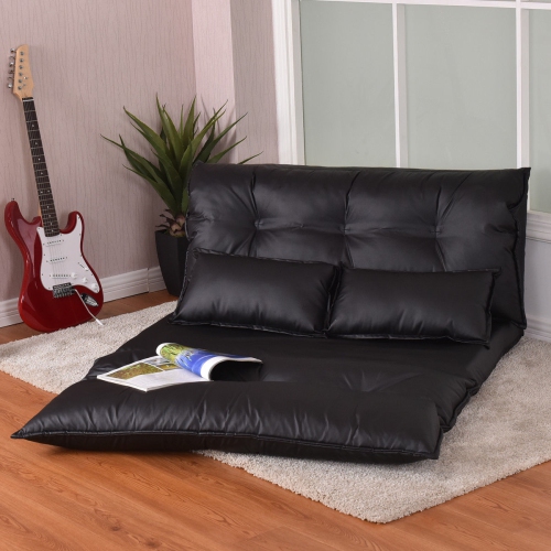 Image 1 de 7.. Costway PU Leather Foldable Modern Leisure Floor Sofa Bed Video Gaming 2 Pillows Black