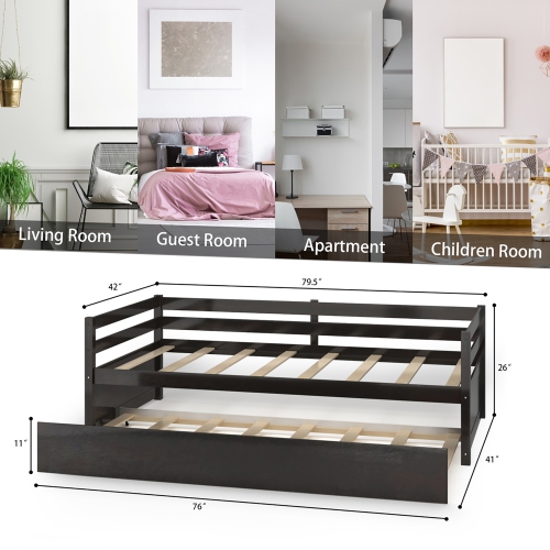 Costway Twin Size Trundle Daybed Wooden Slat Support Mattress Platform for Kids