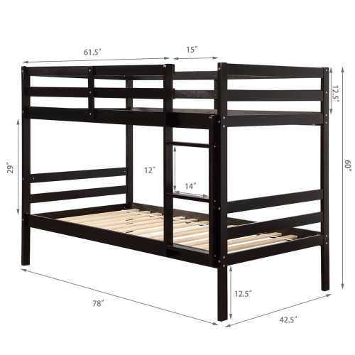 Costway Twin Over Twin Wood Bunk Beds Ladder Safety Rail