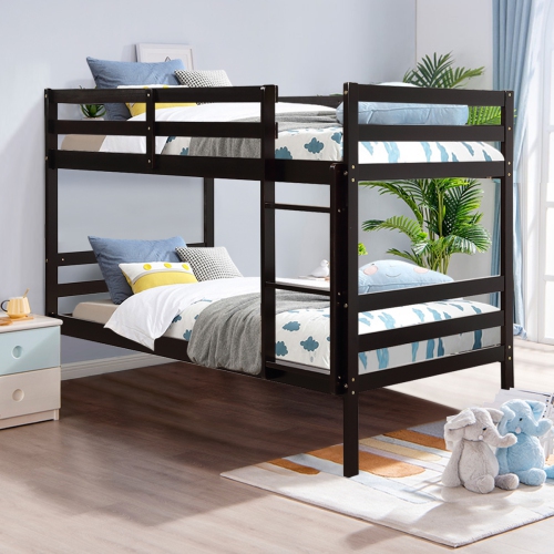 Costway Twin Over Twin Wood Bunk Beds Ladder Safety Rail