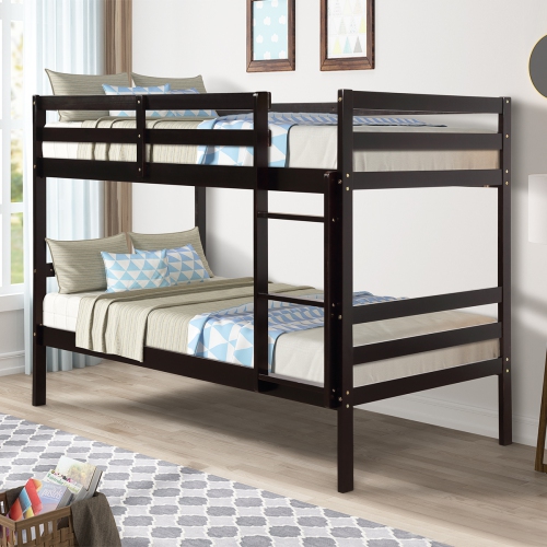 Costway Twin Over Twin Wood Bunk Beds Ladder Safety Rail