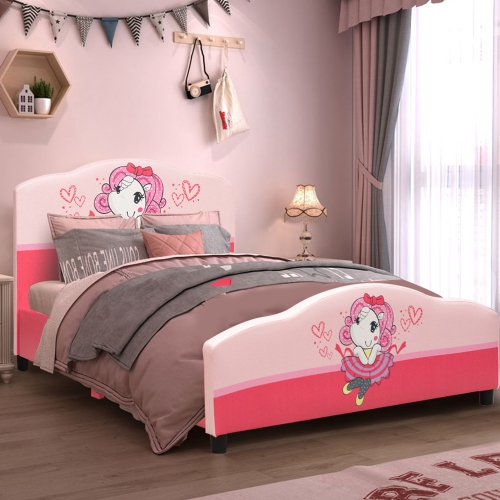 Costway Kids Children Upholstered Platform Toddler Bed Bedroom Furniture Girl Pattern