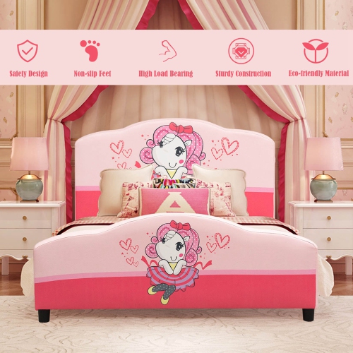 Costway Kids Children Upholstered Platform Toddler Bed Bedroom Furniture Girl Pattern