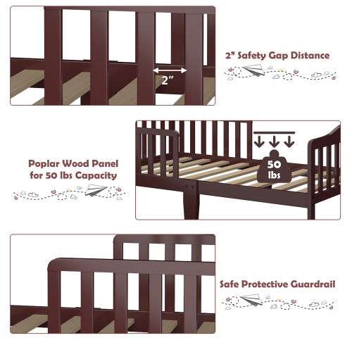 Costway Kids Toddler Wood Bed Bedroom Furniture w/ Guardrails