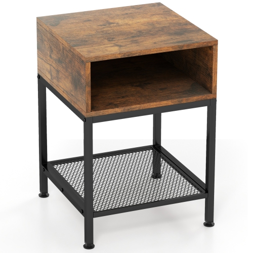 Costway 16" 3-tier Wood Top End Table w/ Metal Frame Storage Cube & Mesh Shelf Square