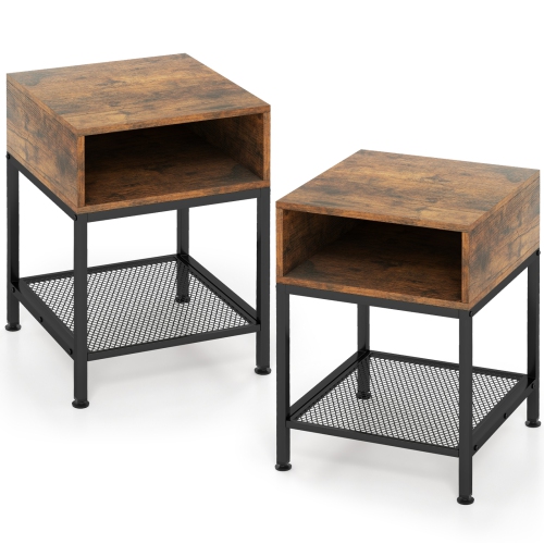 Costway 2 PCS 3-tier Wood Top End Table w/ Metal Frame Storage Cube & Mesh Shelf Square