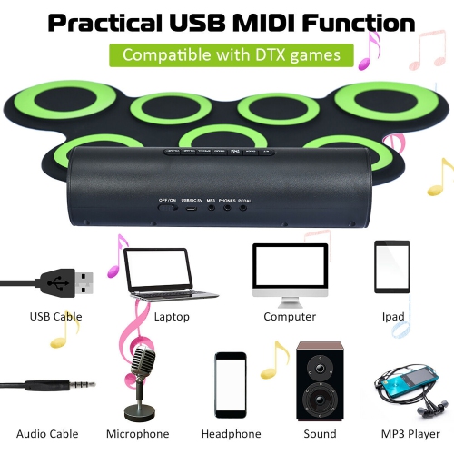 Costway Electronic Roll Up Drum Set 7 Pads MIDI Drum Kit w/ 2 Speaker & Headphone Green