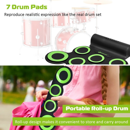 Costway Electronic Roll Up Drum Set 7 Pads MIDI Drum Kit w/ 2 Speaker & Headphone Green