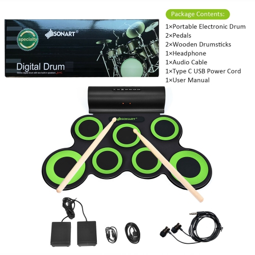 Costway Electronic Roll Up Drum Set 7 Pads MIDI Drum Kit w/ 2 Speaker & Headphone Green