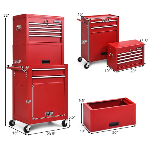 Costway 6-Drawer Rolling Tool Chest Storage Cabinet w/Riser Red