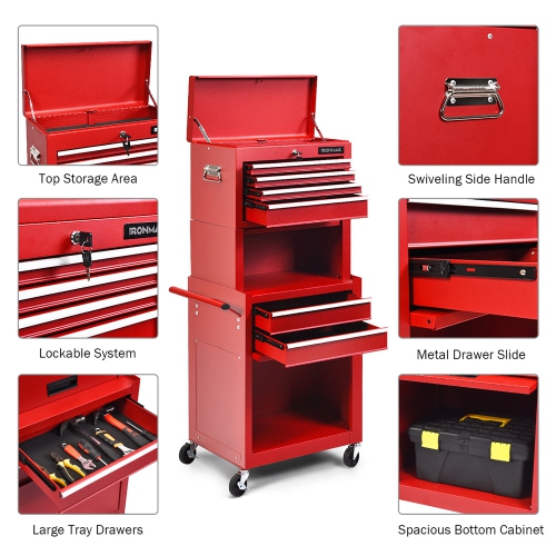 Costway 6-Drawer Rolling Tool Chest Storage Cabinet w/Riser Red