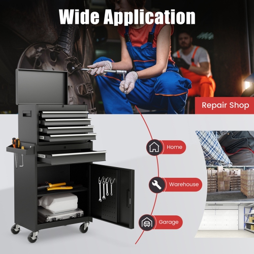 2 in 1 Tool Chest & Cabinet with 5 Sliding Drawers Rolling Garage Organizer