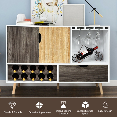 Costway Mid-Century Buffet Sideboard Wooden Storage Cabinet w/ Wine Rack & Glass Holder