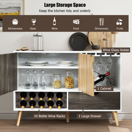 Costway Mid-Century Buffet Sideboard Wooden Storage Cabinet w/ Wine Rack & Glass Holder